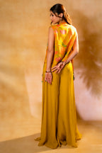 Yellow Organza Crop Top Palazzo Set with Mirror Worked Jacket - yellow organza saree