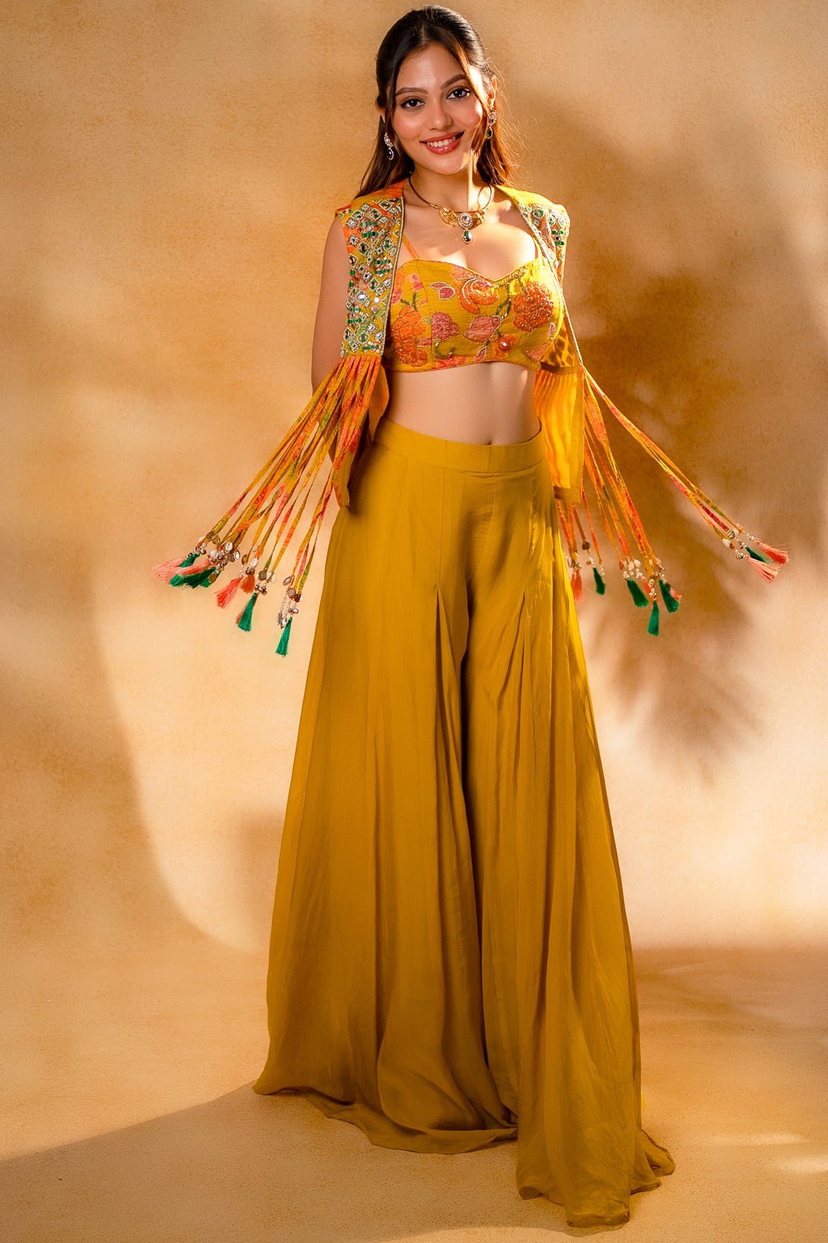 Designer Yellow Organza Crop Top Palazzo Set with Jacket for sunny Mehendi celebrations