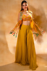Designer Yellow Organza Crop Top Palazzo Set with Jacket for sunny Mehendi celebrations