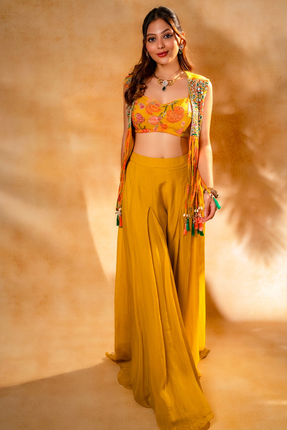 Yellow Organza Crop Top Palazzo Set with Jacket featuring a vibrant floral digital print