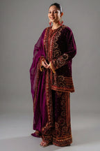 Dark Byzantium Velvet Printed and Sequinned Palazzo Suit - Front View