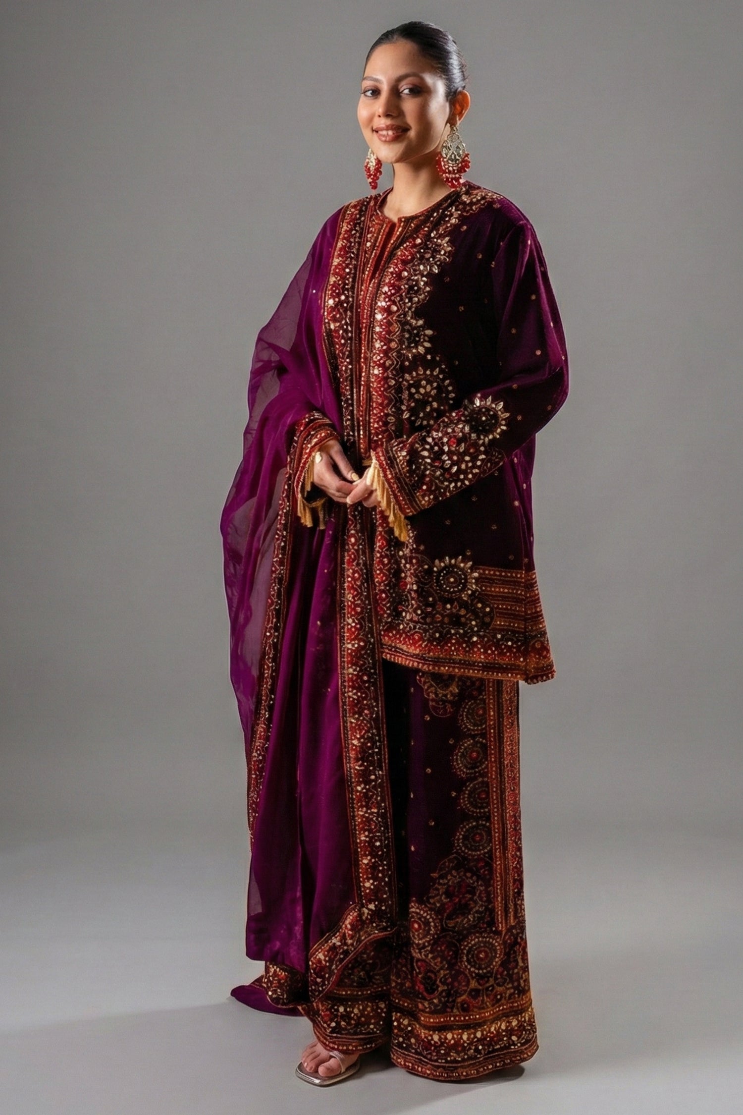 Dark Byzantium Velvet Printed and Sequinned Palazzo Suit - Front View