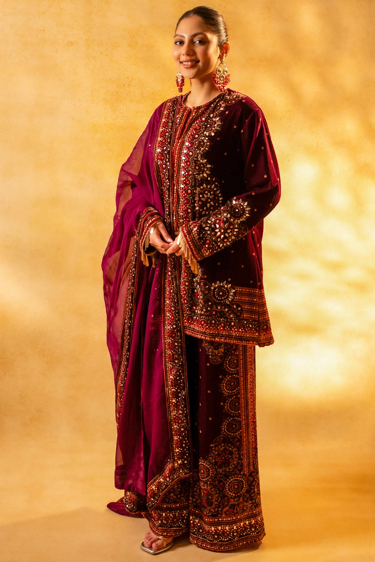 Dark Byzantium Velvet Printed and Sequinned Palazzo Suit featuring a structured straight-cut kurta