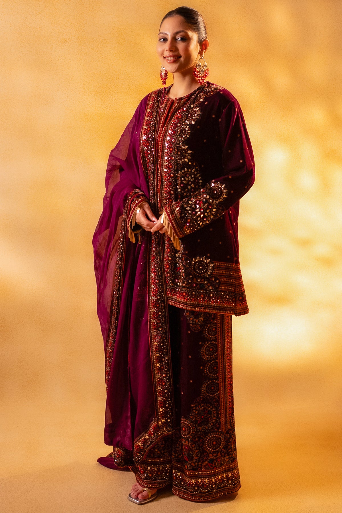 Designer Dark Byzantium Velvet Printed and Sequinned Palazzo Suit for high-end winter festivities