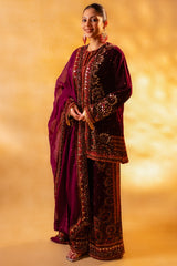 Designer Dark Byzantium Velvet Printed and Sequinned Palazzo Suit for high-end winter festivities