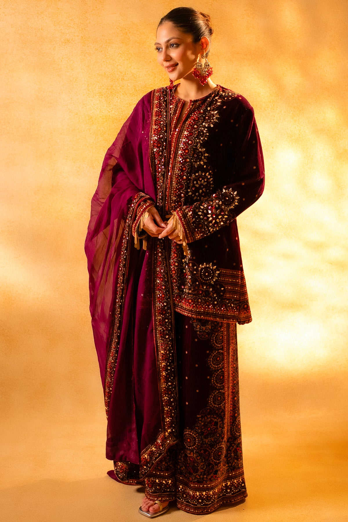 Dark Byzantium Velvet Printed and Sequinned Palazzo Suit paired with a soft lightweight organza dupatta
