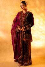 Dark Byzantium Velvet Printed and Sequinned Palazzo Suit paired with a soft lightweight organza dupatta