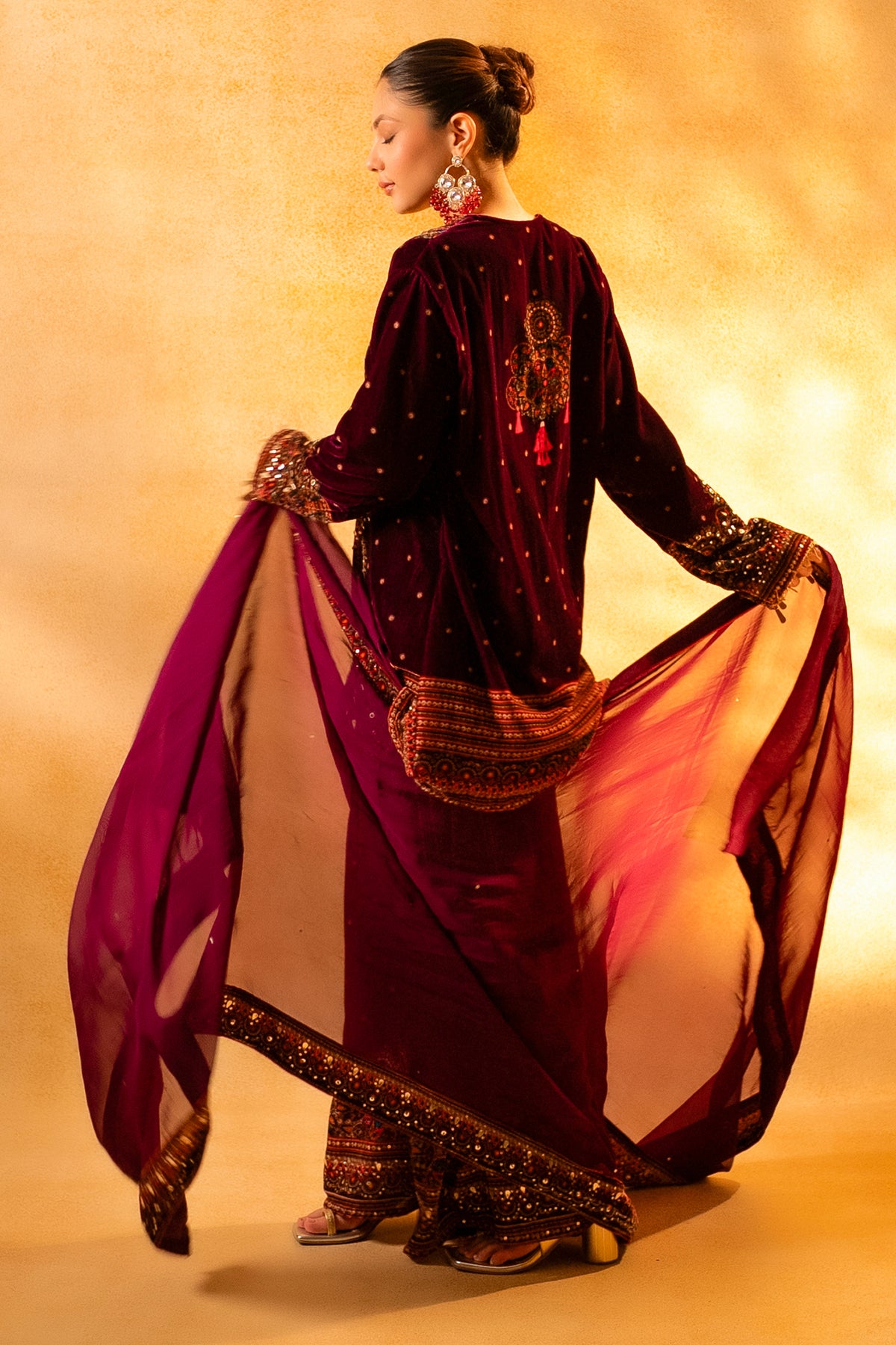 Dark Byzantium Velvet Printed and Sequinned Palazzo Suit - velvet saree