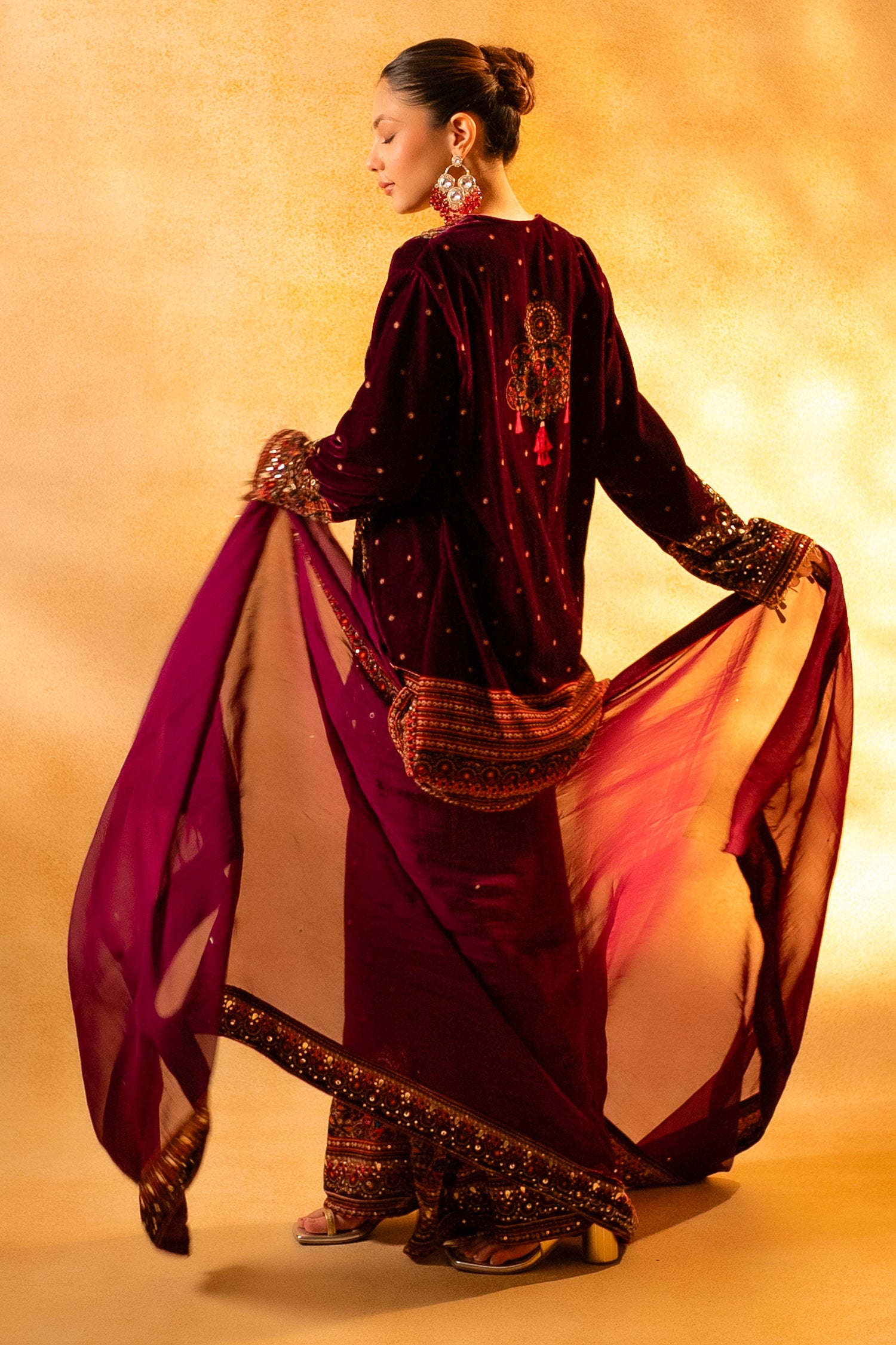 Dark Byzantium Velvet Printed and Sequinned Palazzo Suit - velvet saree