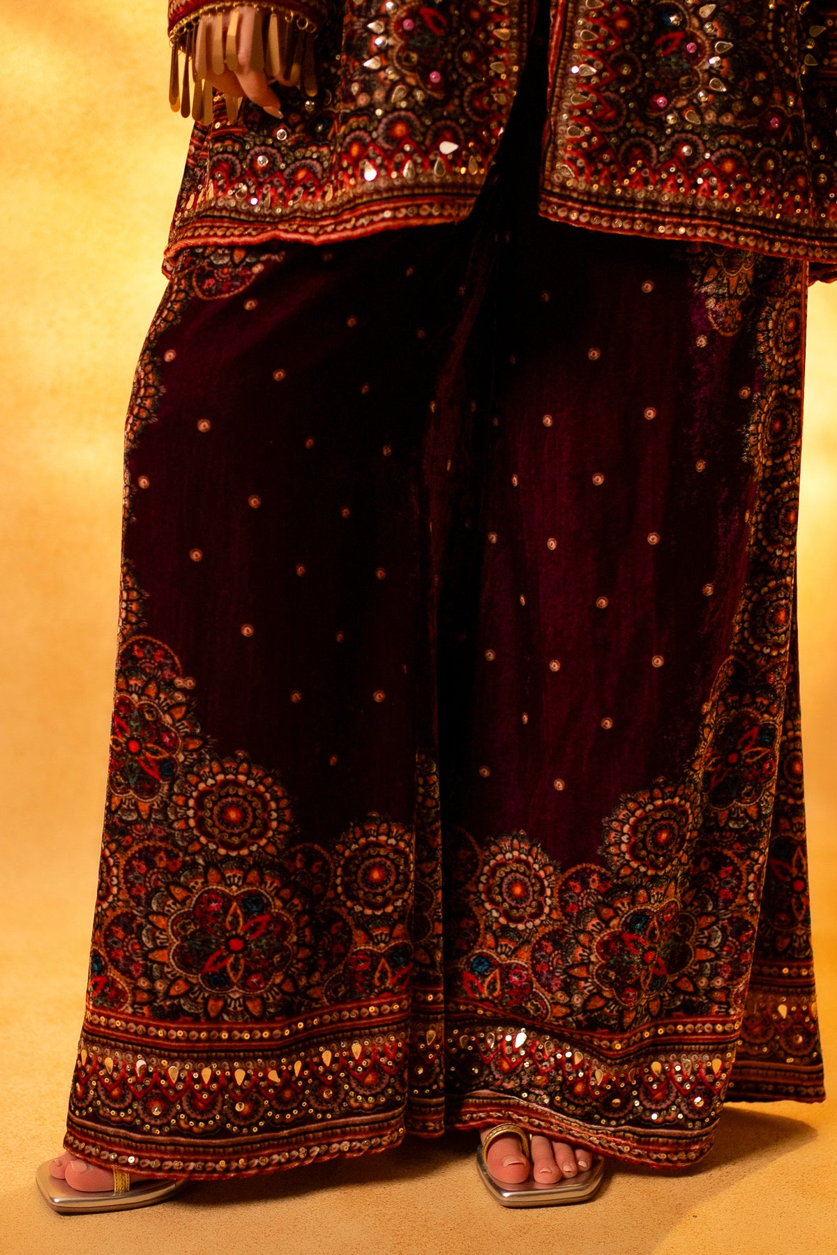 Dark Byzantium Velvet Printed and Sequinned Palazzo Suit - velvet saree