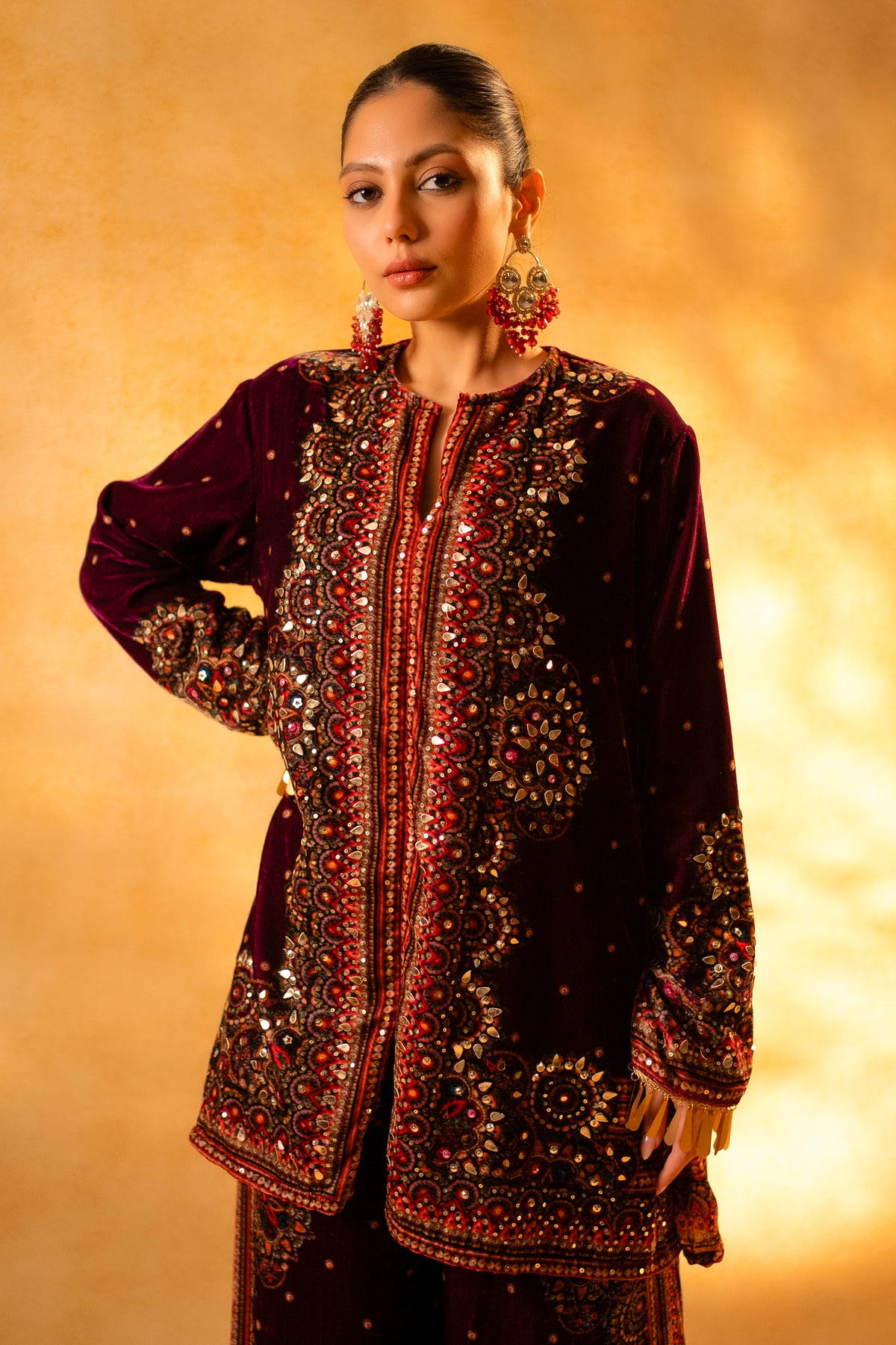 Dark Byzantium Velvet Printed and Sequinned Palazzo Suit - velvet saree