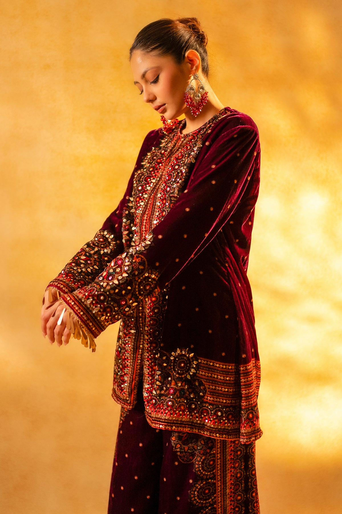 Dark Byzantium Velvet Printed and Sequinned Palazzo Suit - velvet saree
