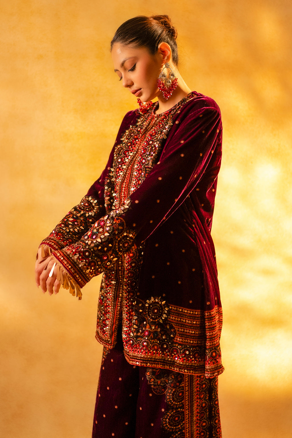 Dark Byzantium Velvet Printed and Sequinned Palazzo Suit - velvet saree
