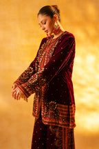 Dark Byzantium Velvet Printed and Sequinned Palazzo Suit - velvet saree