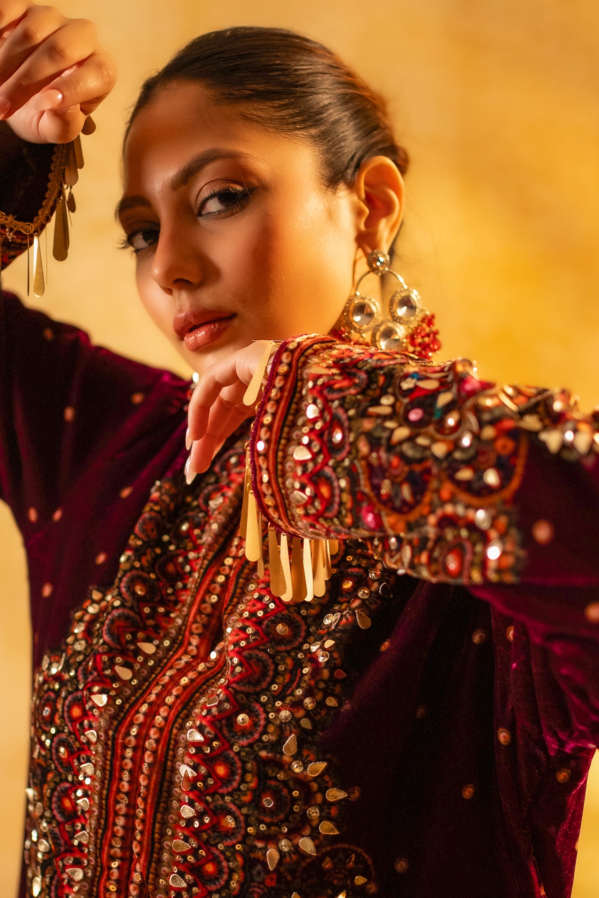 Dark Byzantium Velvet Printed and Sequinned Palazzo Suit - velvet saree
