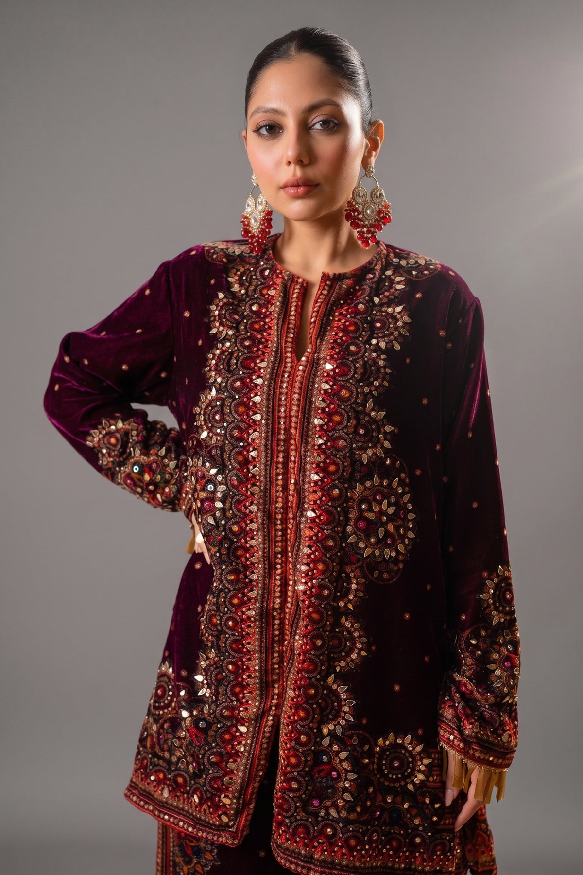 Close-up of hand-applied tonal sequins and digital print on the Dark Byzantium Velvet Printed and Sequinned Palazzo Suit
