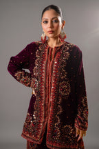 Close-up of hand-applied tonal sequins and digital print on the Dark Byzantium Velvet Printed and Sequinned Palazzo Suit