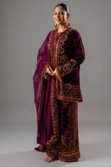 Dark Byzantium Velvet Printed and Sequinned Palazzo Suit - Front View