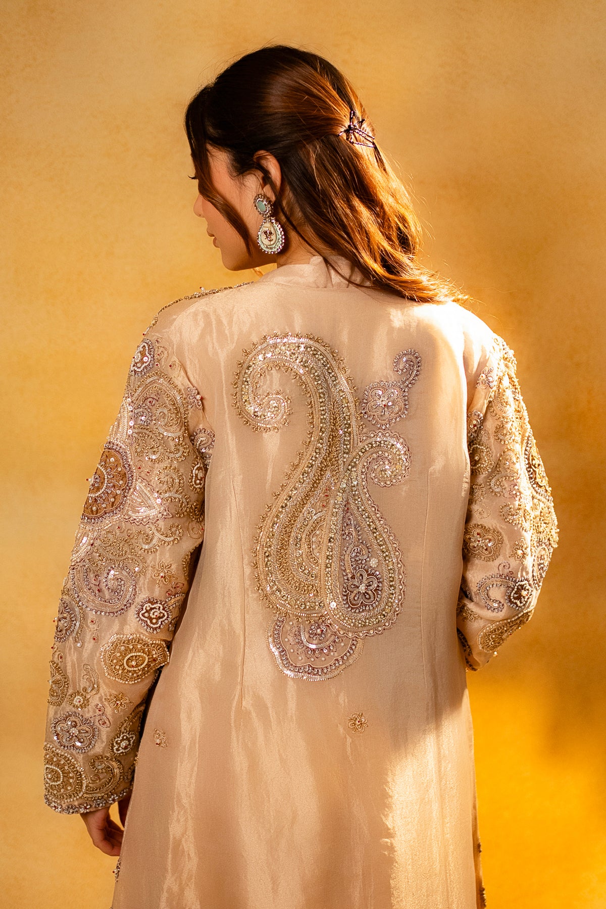 Champagne Beige Sequinned and Beaded Crop Top Palazzo Set with Long Jacket - beige saree