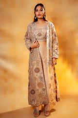 Champagne Beige Sequinned and Beaded Crop Top Palazzo Set with Long Jacket