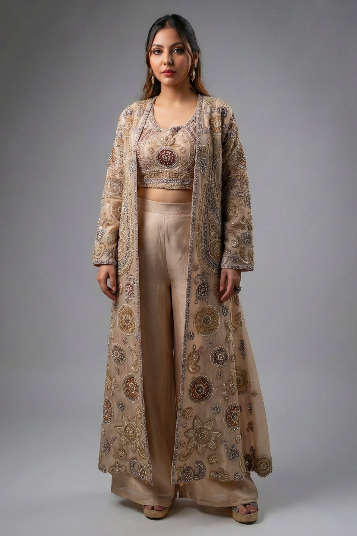 Champagne Beige Sequinned and Beaded Crop Top Palazzo Set with Long Jacket