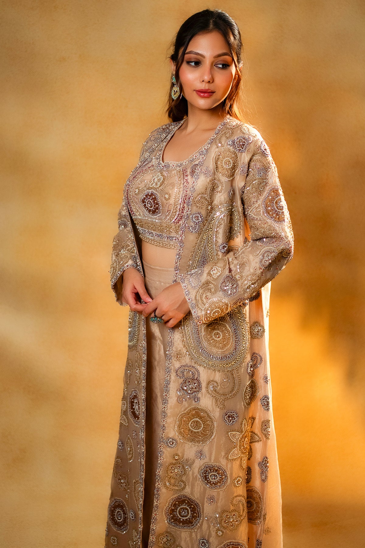 Champagne Beige Sequinned and Beaded Crop Top Palazzo Set with Long Jacket - beige saree