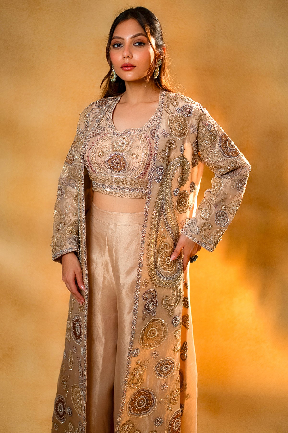 Champagne Beige Sequinned and Beaded Crop Top Palazzo Set with Long Jacket - beige saree