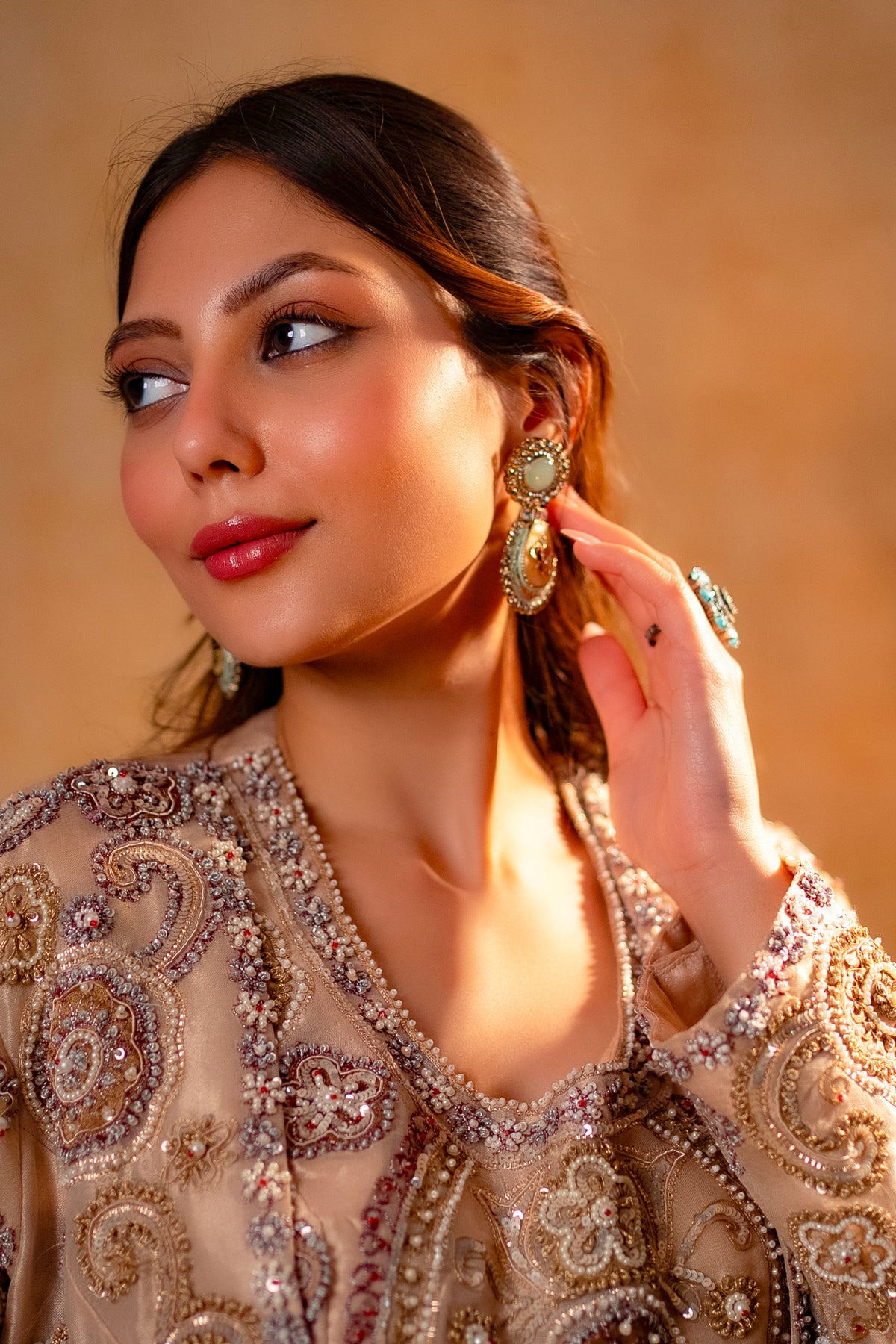 Champagne Beige Sequinned and Beaded Crop Top Palazzo Set with Long Jacket - beige saree