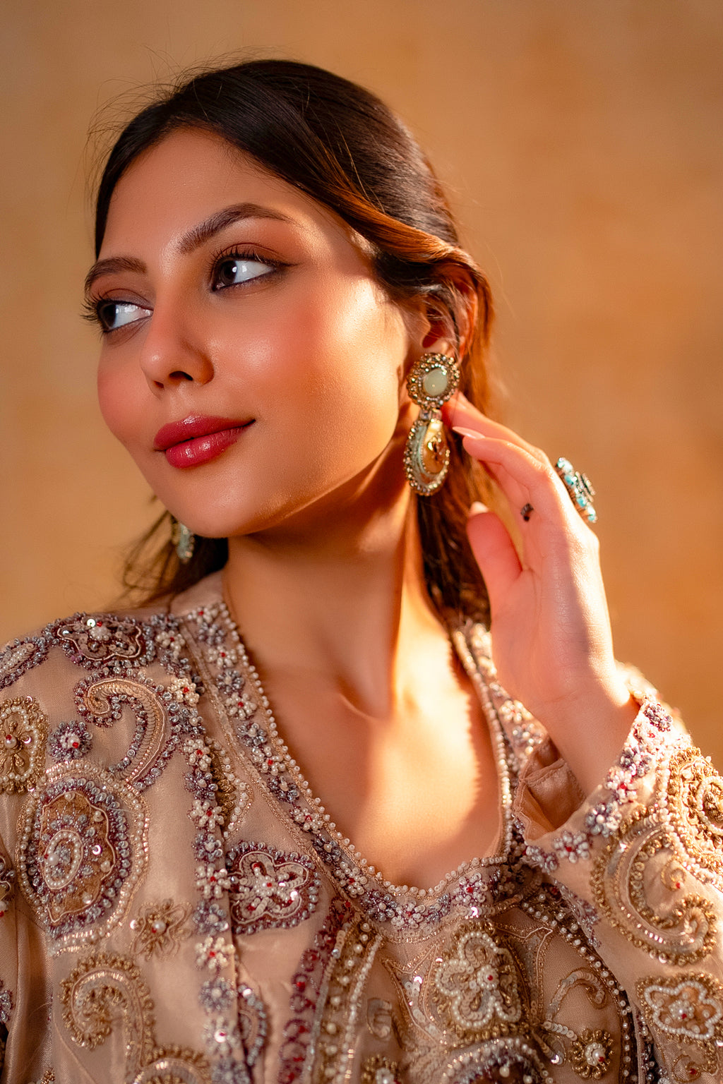 Champagne Beige Sequinned and Beaded Crop Top Palazzo Set with Long Jacket - beige saree