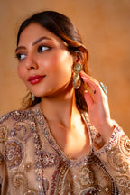 Champagne Beige Sequinned and Beaded Crop Top Palazzo Set with Long Jacket - beige saree