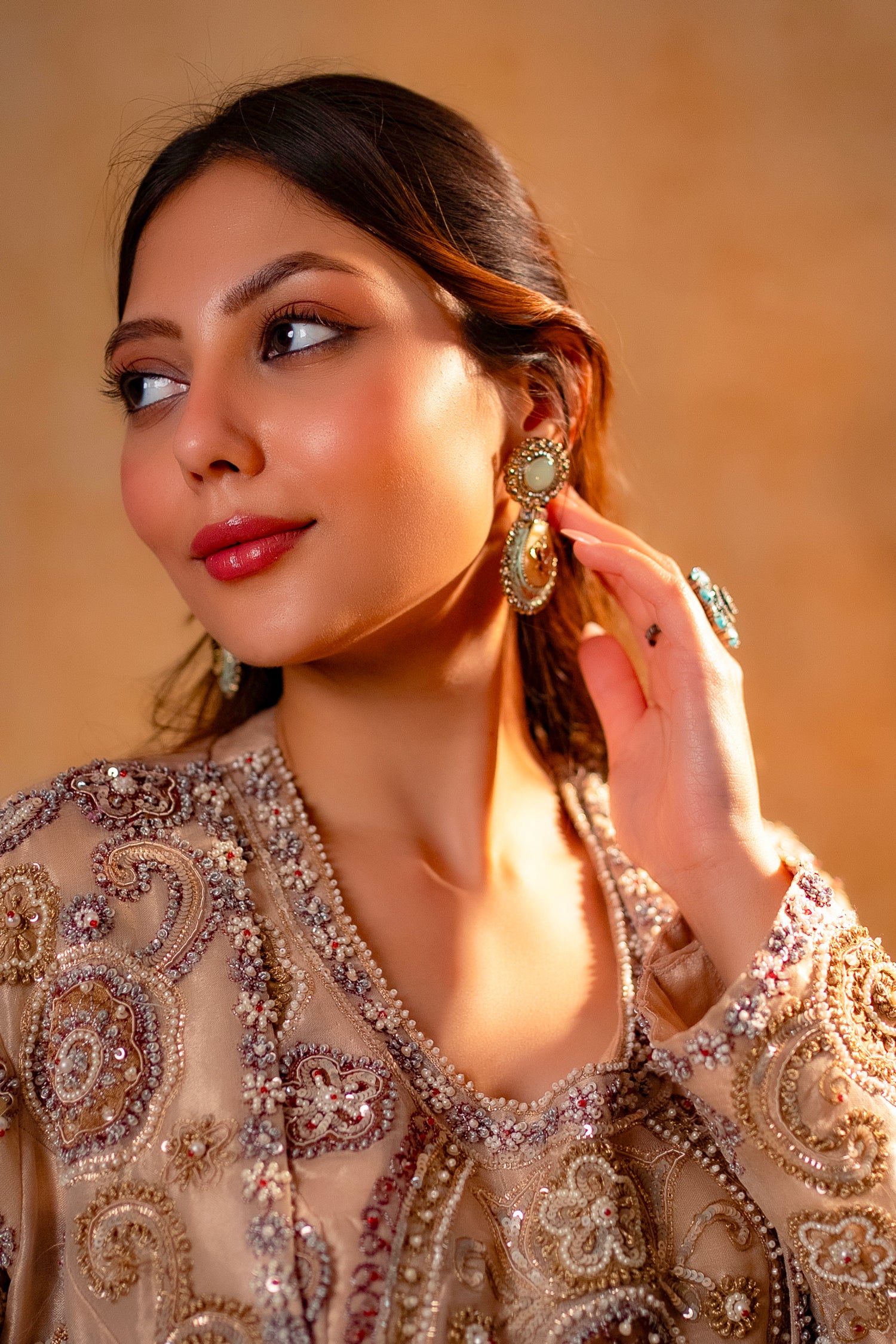 Champagne Beige Sequinned and Beaded Crop Top Palazzo Set with Long Jacket - beige saree