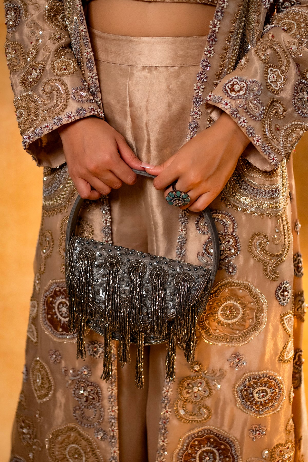 Champagne Beige Sequinned and Beaded Crop Top Palazzo Set with Long Jacket - beige saree