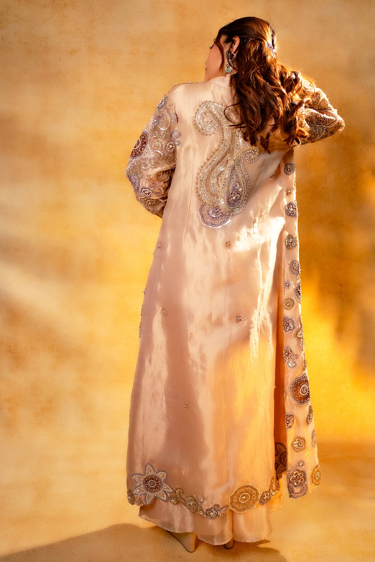 Champagne Beige Crop Top Palazzo Set with Jacket showcasing the dramatic sheer floor-length layer
