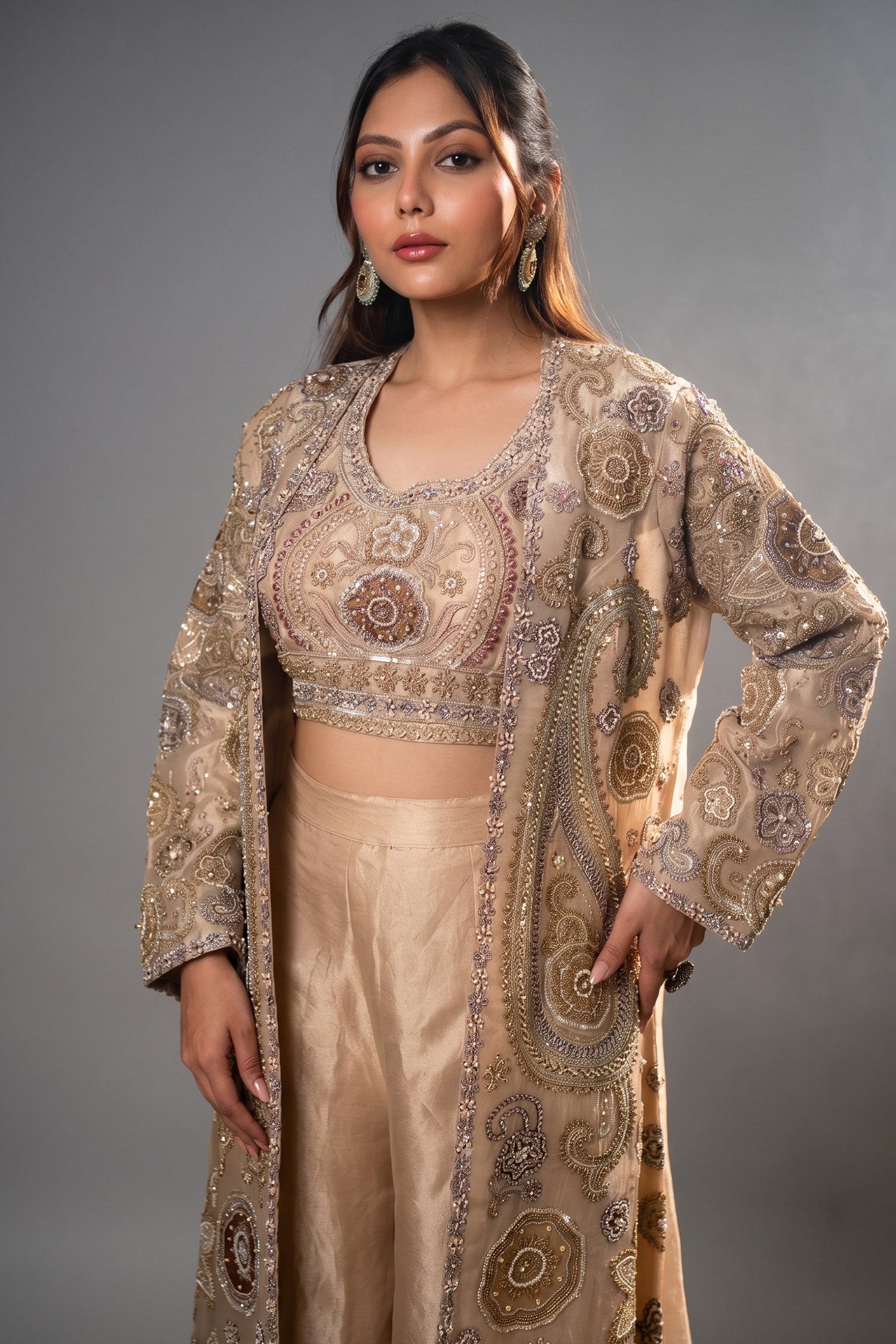 Champagne Beige Sequinned and Beaded Crop Top Palazzo Set with Long Jacket Secondary image