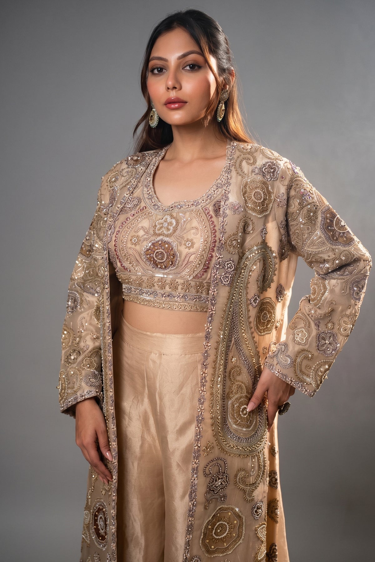 Close-up of tonal sequins and delicate beadwork on the Champagne Beige Crop Top Palazzo Set with Jacket
