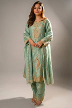 Turquoise Blue Organza Designer Handworked Suit - Front View