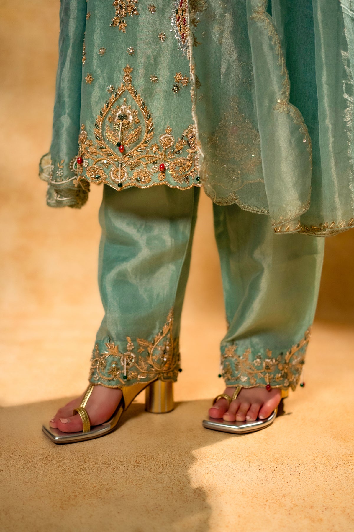 Turquoise Blue Organza Designer Handworked Suit - blue organza saree