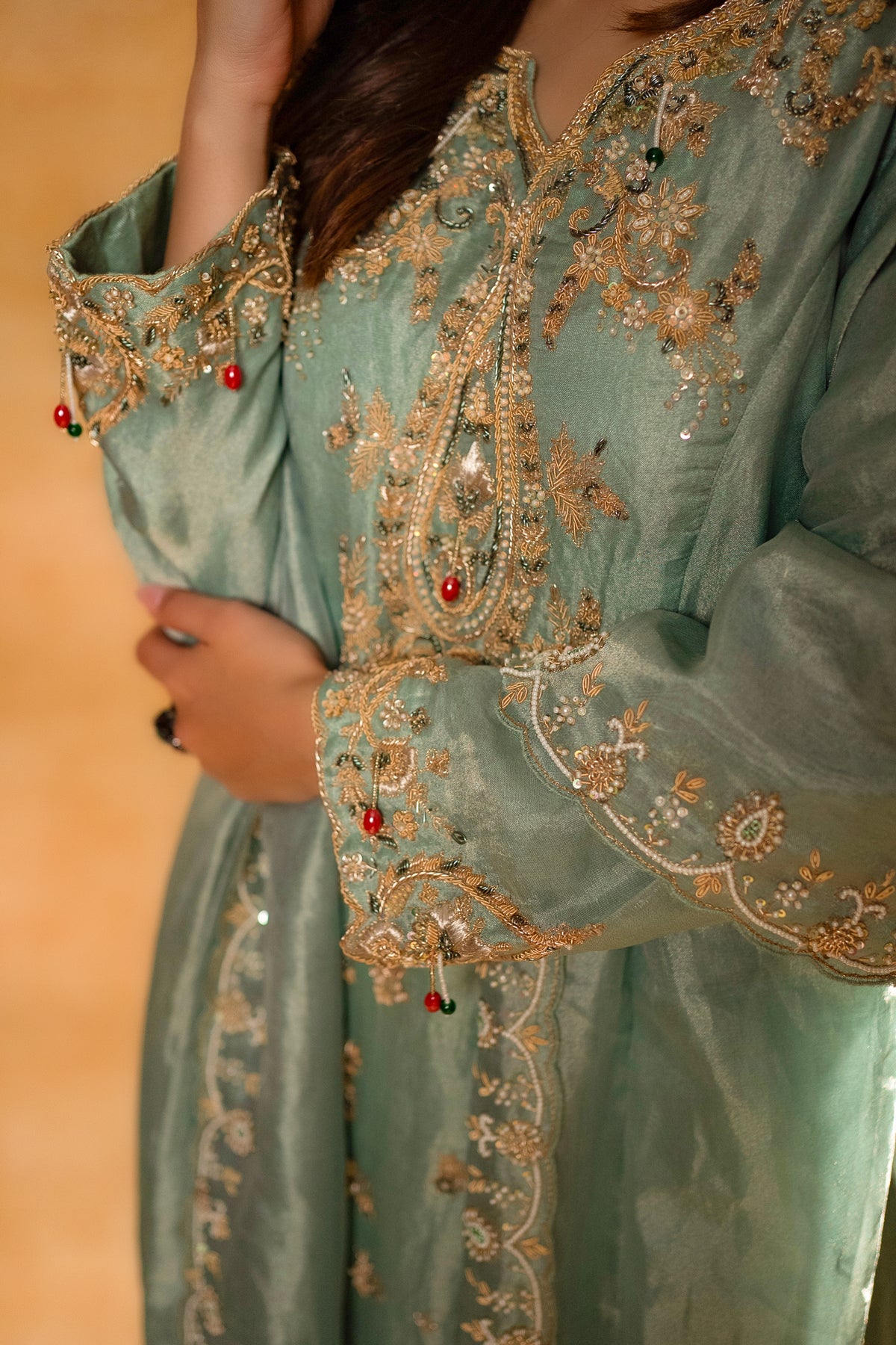 Turquoise Blue Organza Designer Handworked Suit - blue organza saree