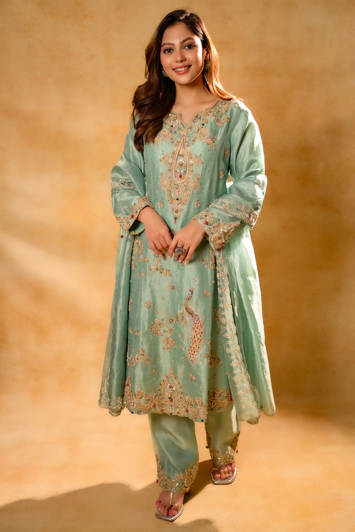 Turquoise Blue Organza Designer Handworked Suit featuring intricate floral handwork