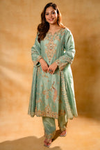 Turquoise Blue Organza Designer Handworked Suit featuring intricate floral handwork
