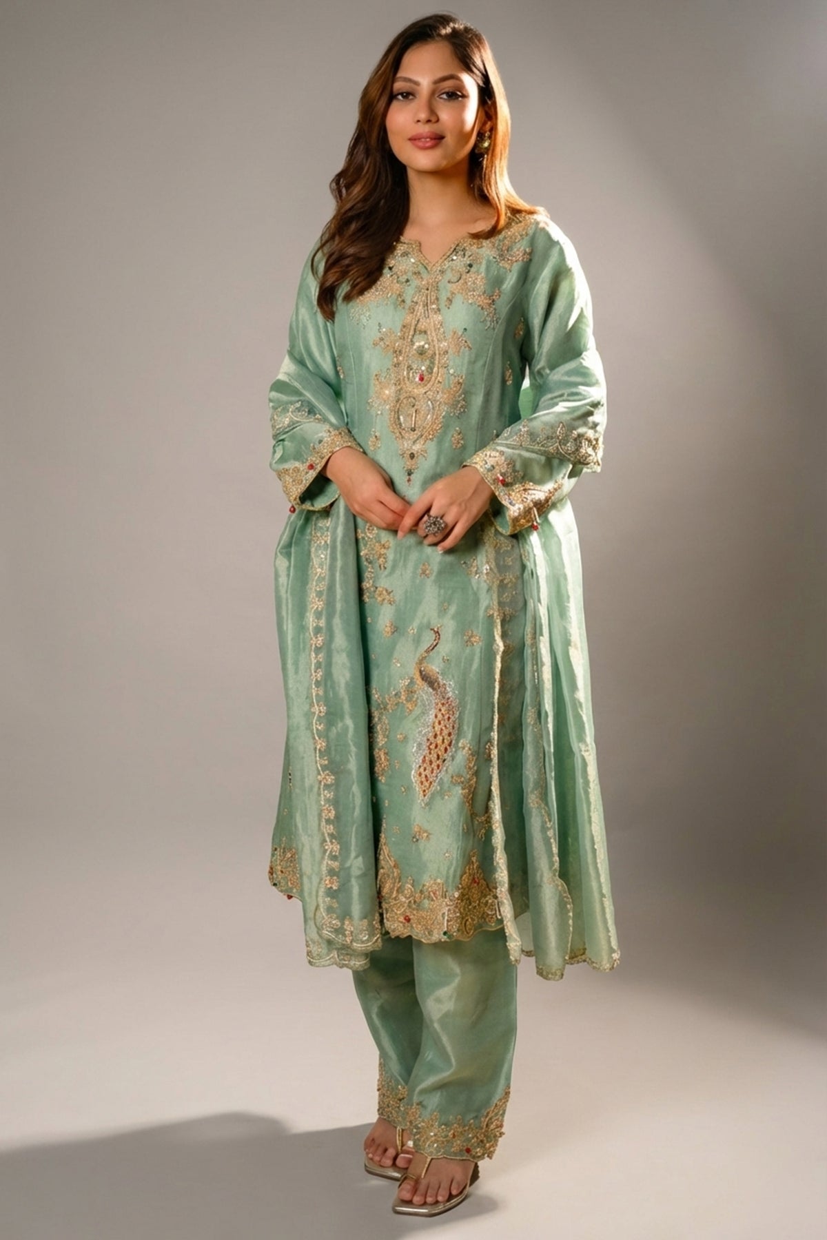 Turquoise Blue Organza Designer Handworked Suit - Front View