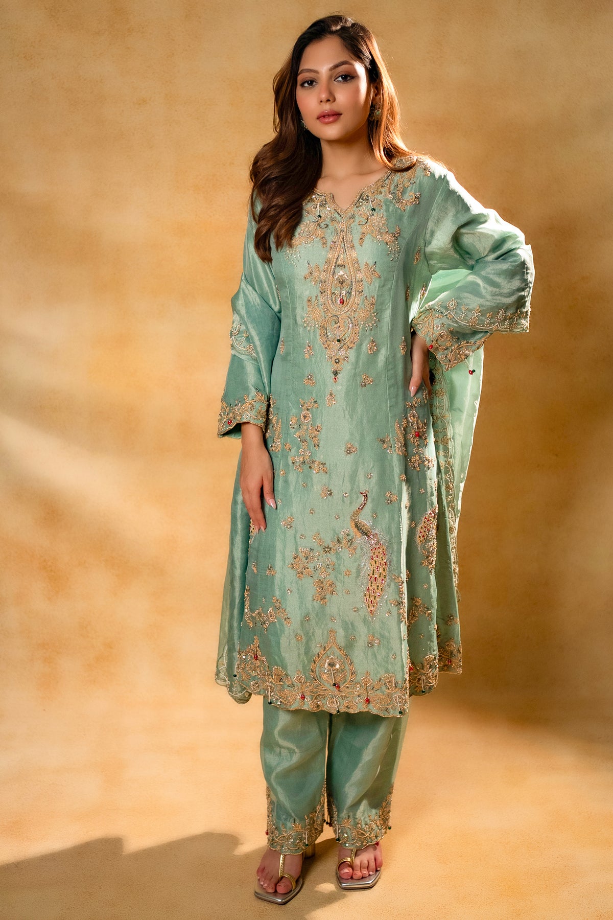 Turquoise Blue Organza Designer Handworked Suit - blue organza saree