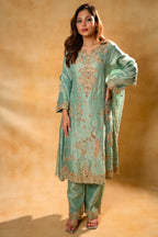 Turquoise Blue Organza Designer Handworked Suit - blue organza saree