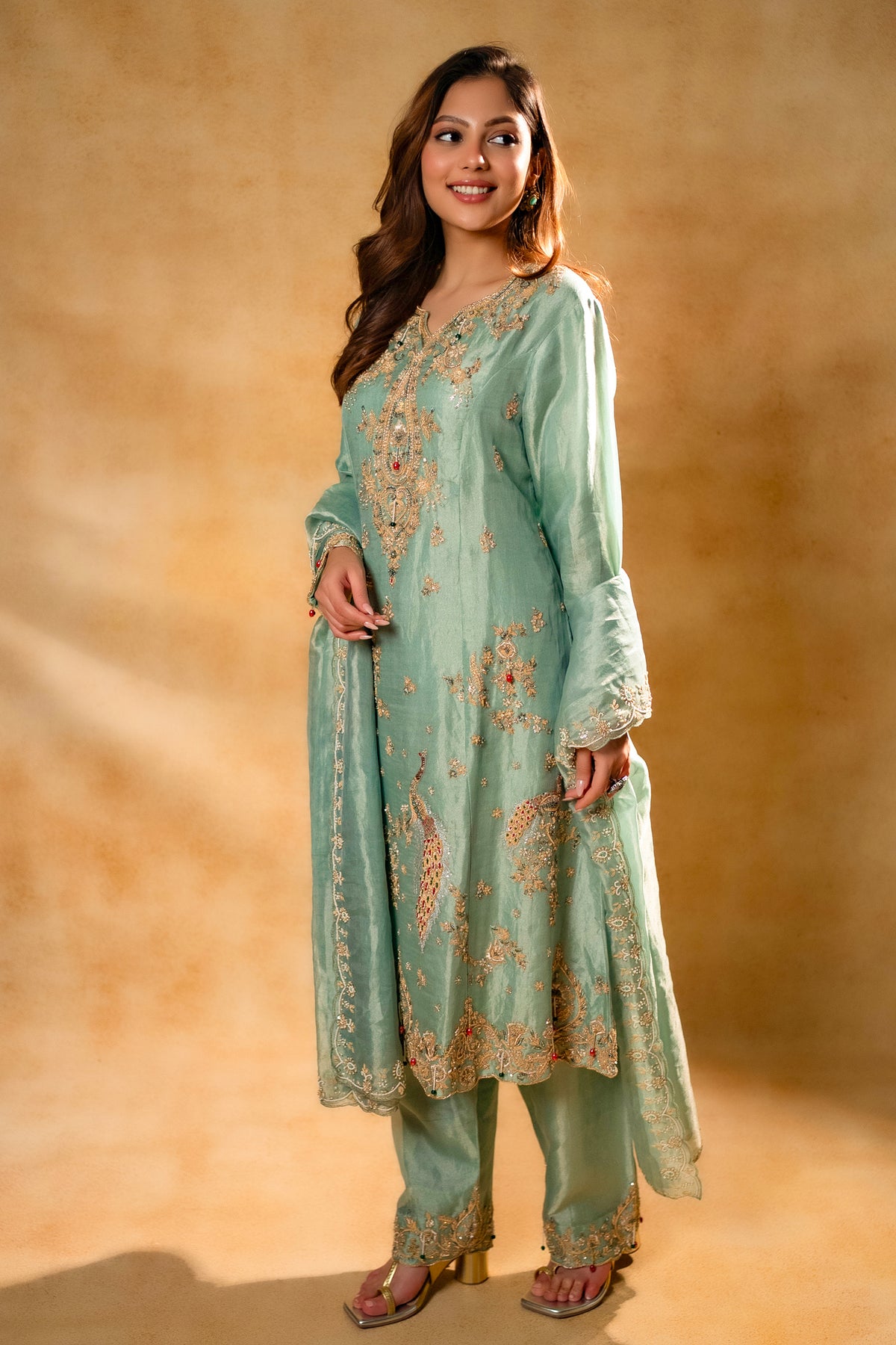 Turquoise Blue Organza Designer Handworked Suit for high-profile celebrations