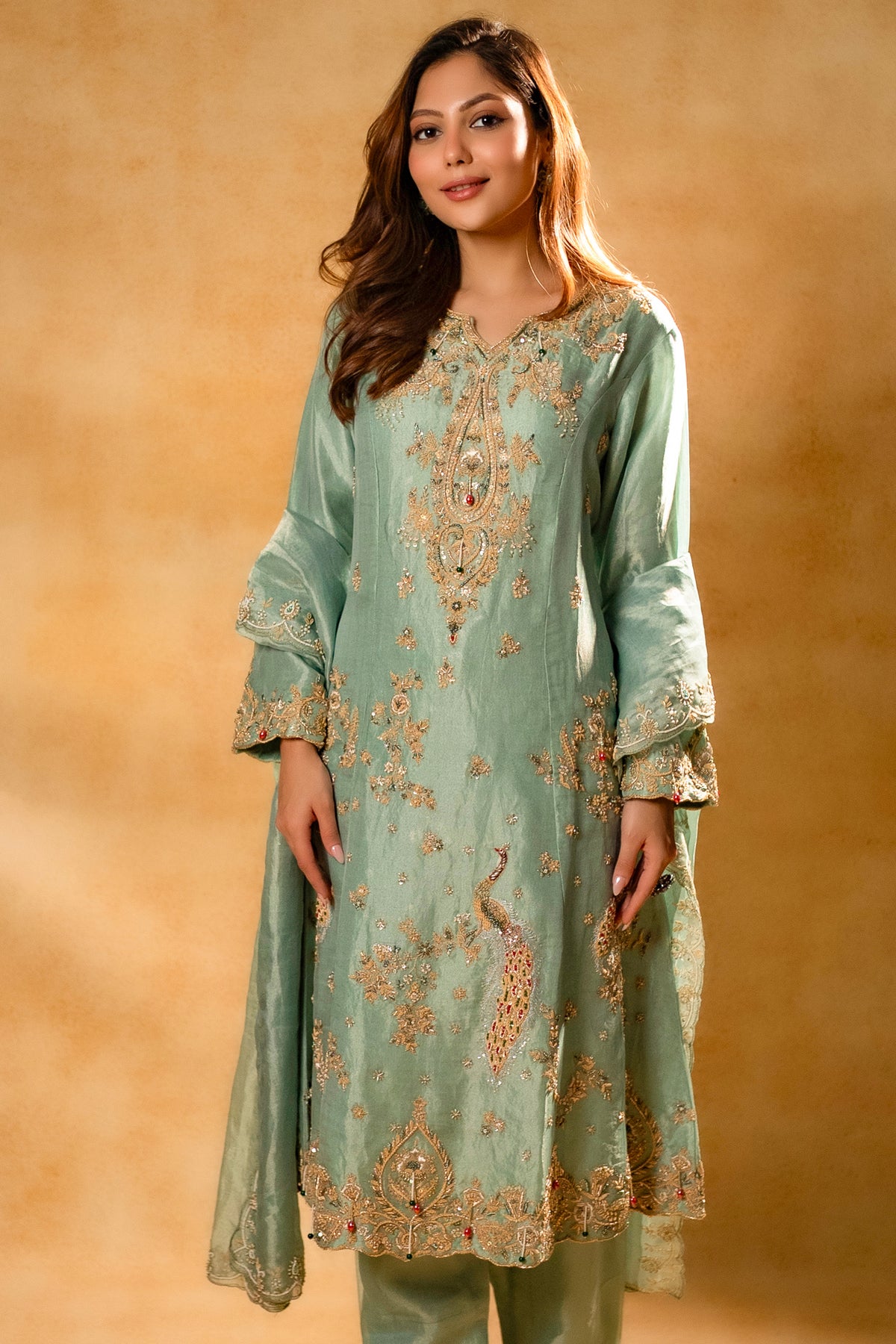 Turquoise Blue Organza Designer Handworked Suit - blue organza saree