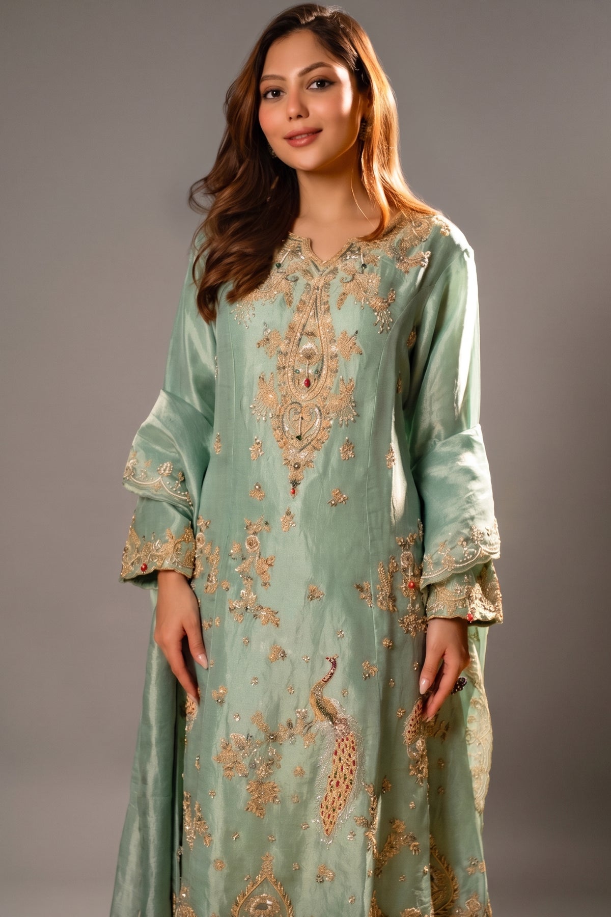 Close-up of traditional Zardosi and shimmering sequins on the Turquoise Blue Organza Designer Handworked Suit
