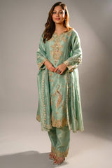 Turquoise Blue Organza Designer Handworked Suit - Front View