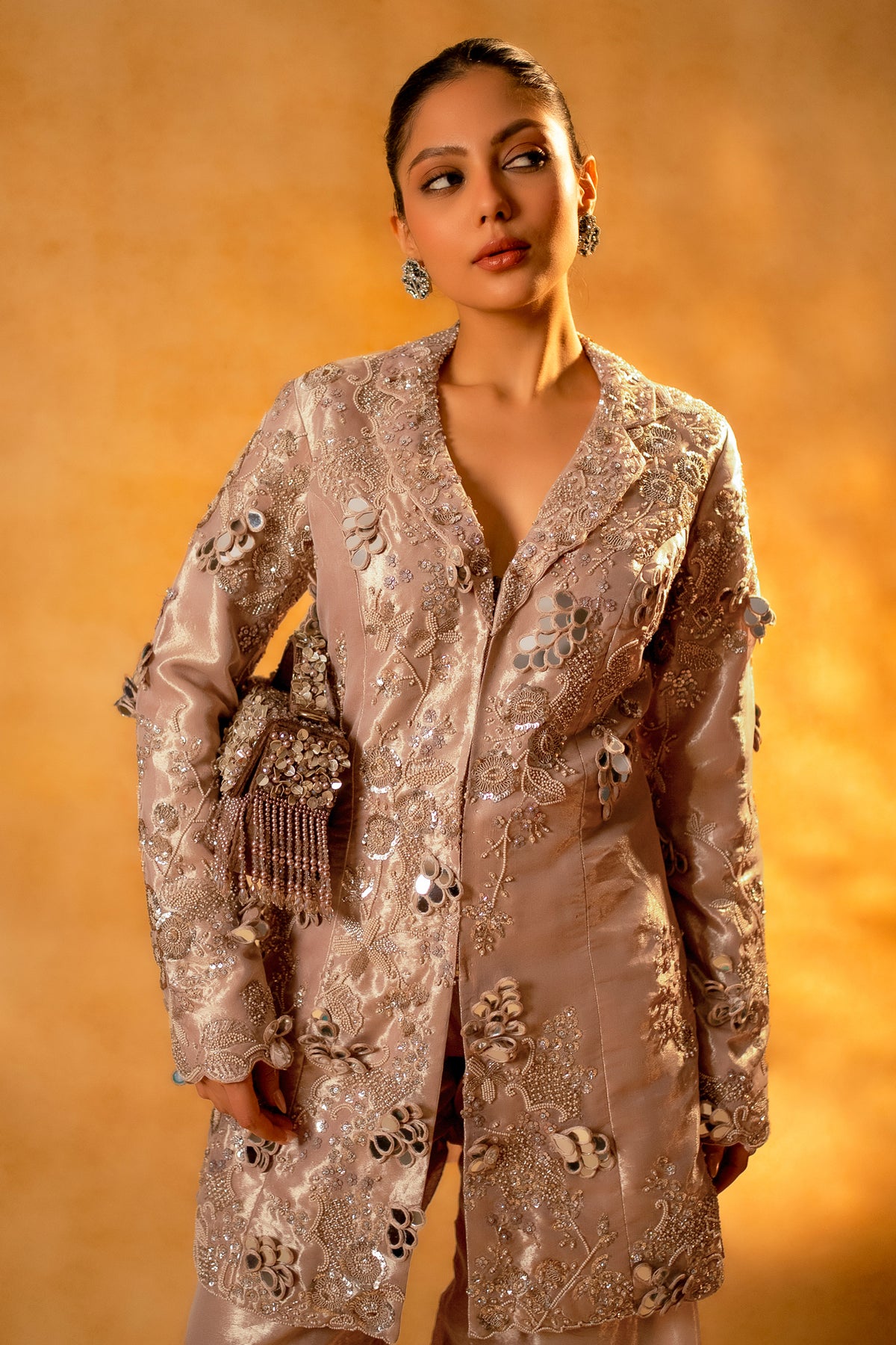 Metallic Blush Pink Organza Designer Co-Ord Set styled with a sophisticated long-line jacket