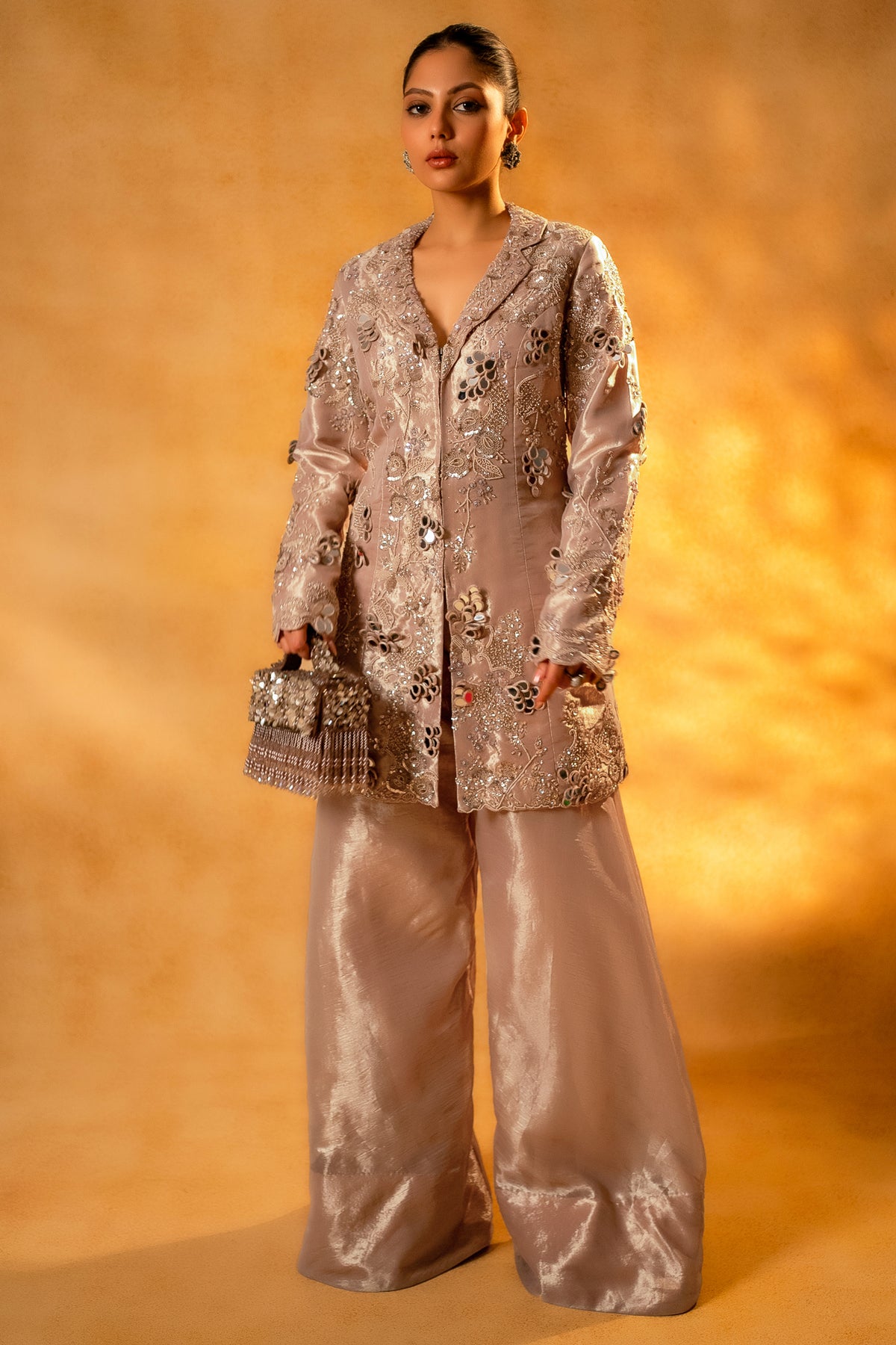 Metallic Blush Pink Organza Designer Co-Ord Set featuring fluid wide-leg palazzos