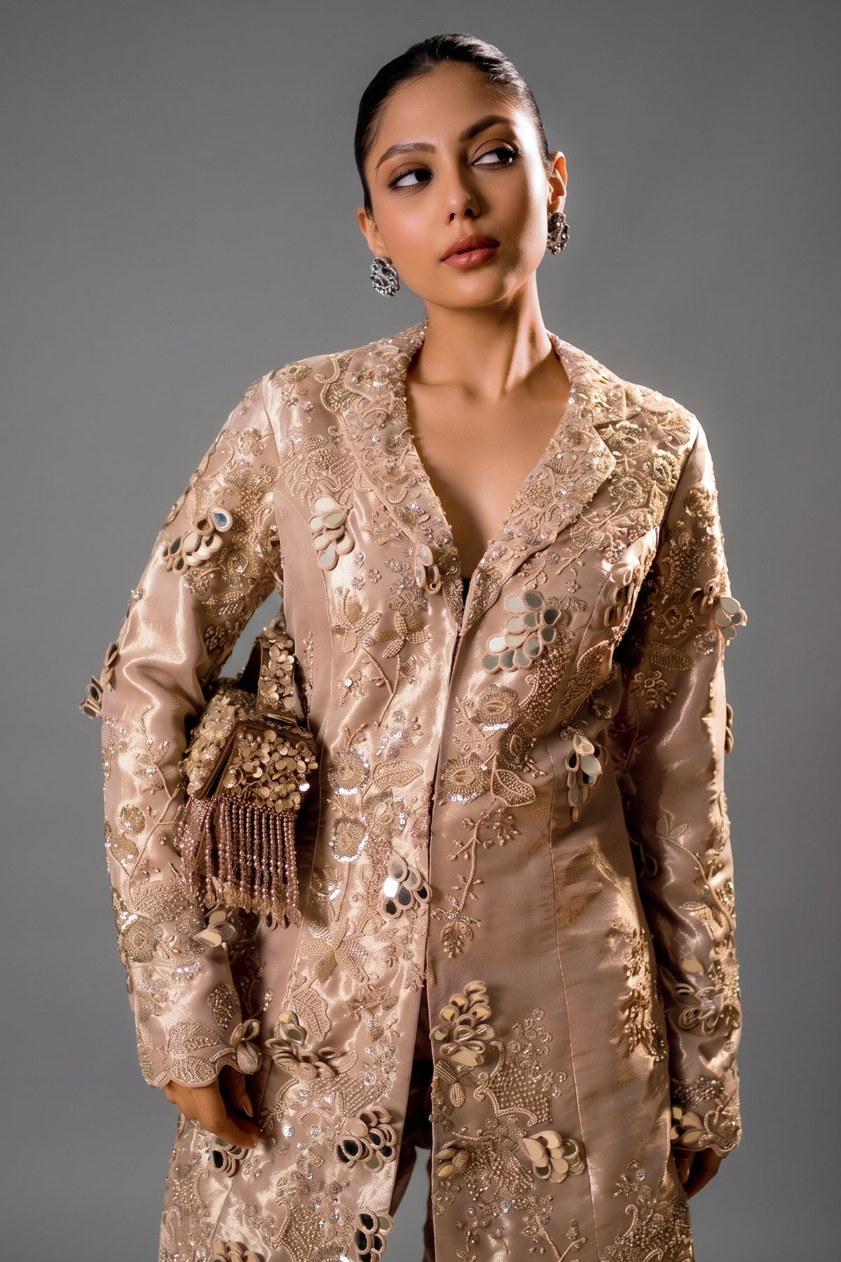 Close-up of authentic mirror work and beads on the Metallic Blush Pink Organza Designer Co-Ord Set